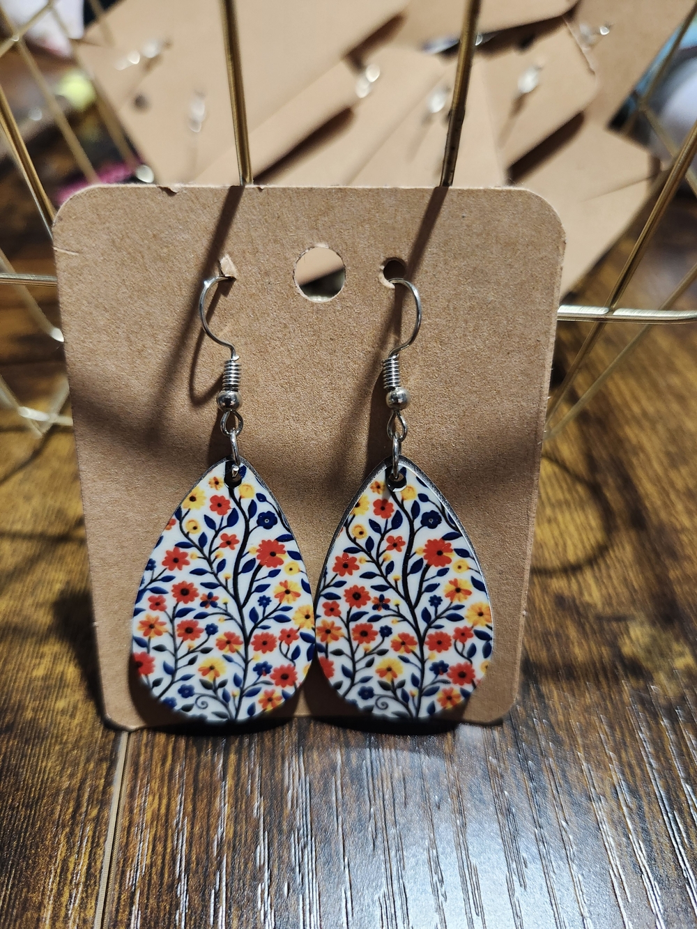 Floral Teardrop Dangle Earrings - Navy, Red & Yellow